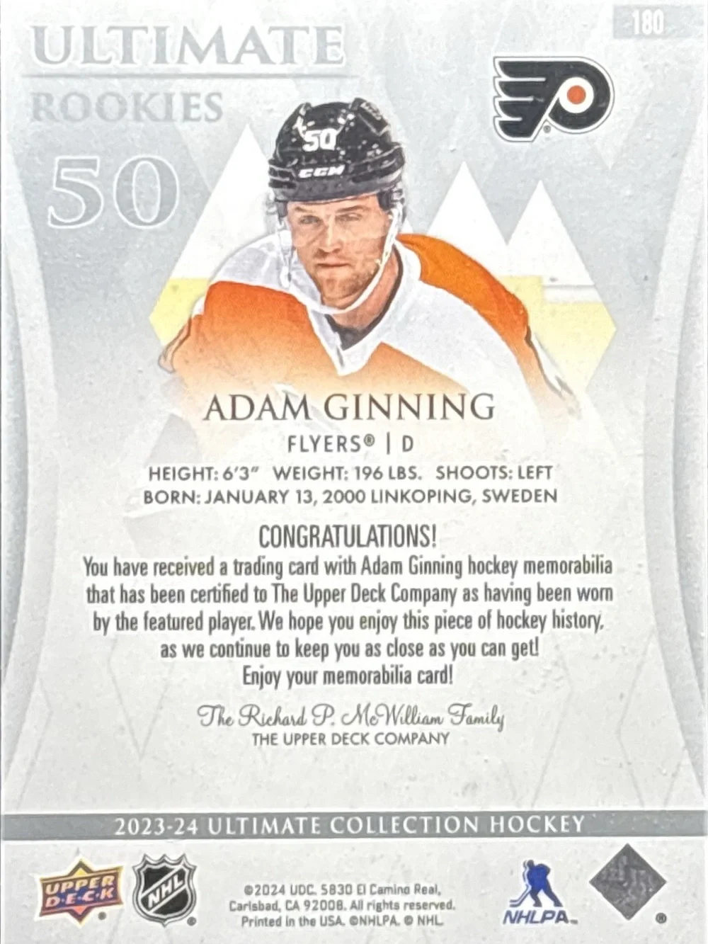 Ultimate Rookies Adam Ginning RookieTrading Card Orange Jersey Swatch LE 349/599
